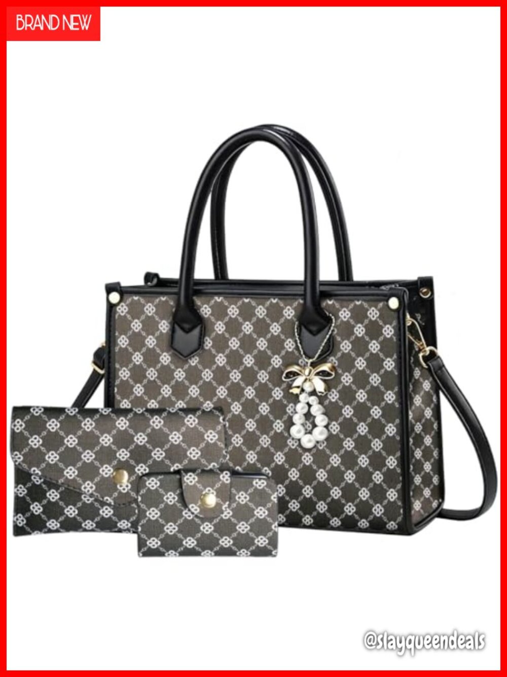 Women Satchel Handbag 3-Piece Set with Wallet, PU Leather, Checkered